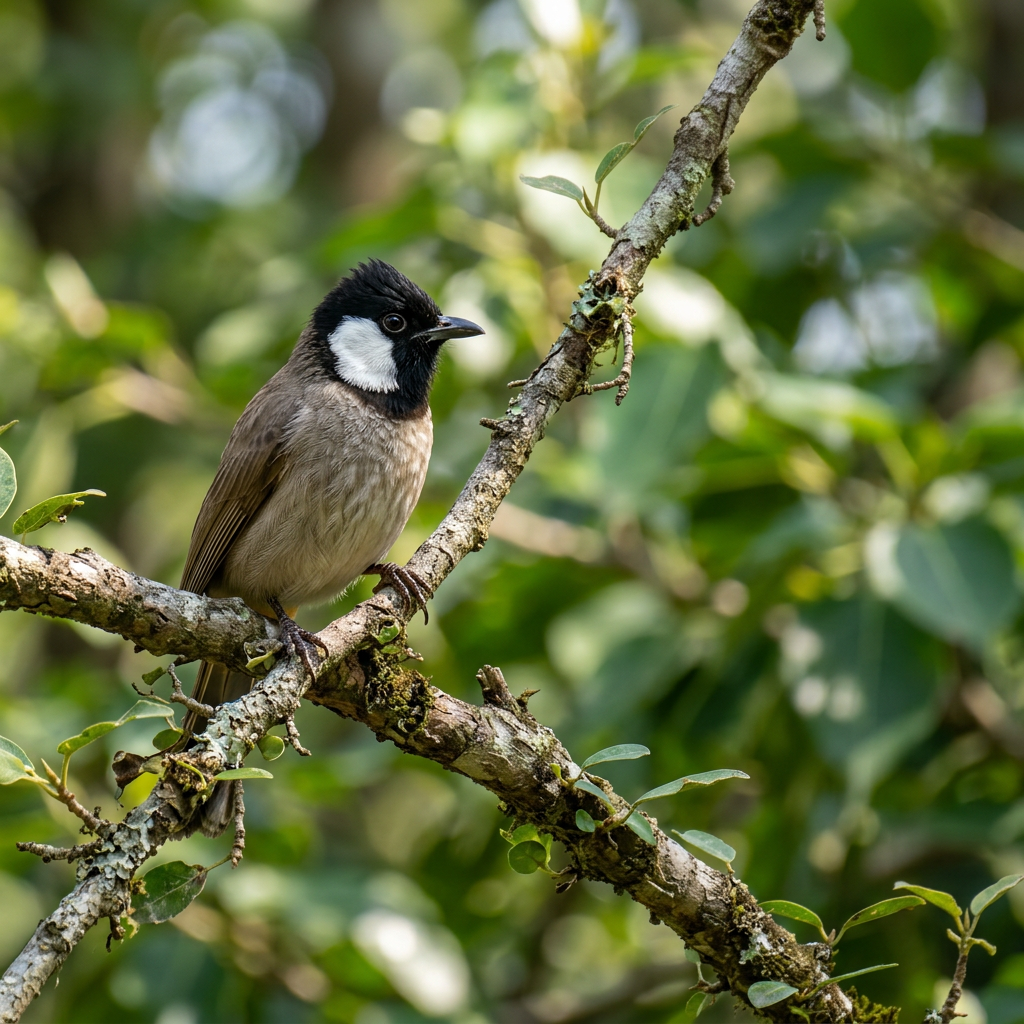 Black-crested bird with white cheek patches perched on a branch covered in lichen
